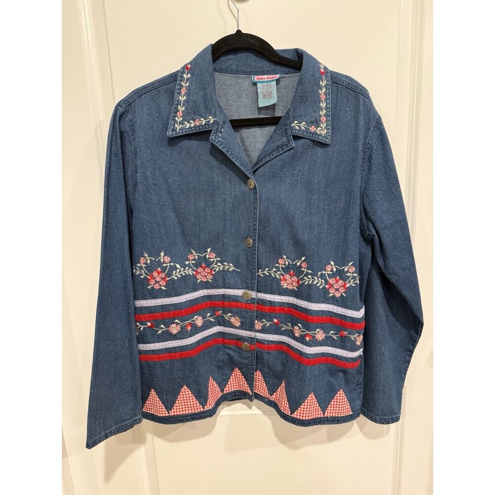 Nectar Floral Embroidered Country Denim LS Button Up Shirt Jacket Sz L VTG Y2K